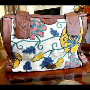 FOSSIL Vintage Reissue Weekender Floral Embroidered Leather Satchel Purse